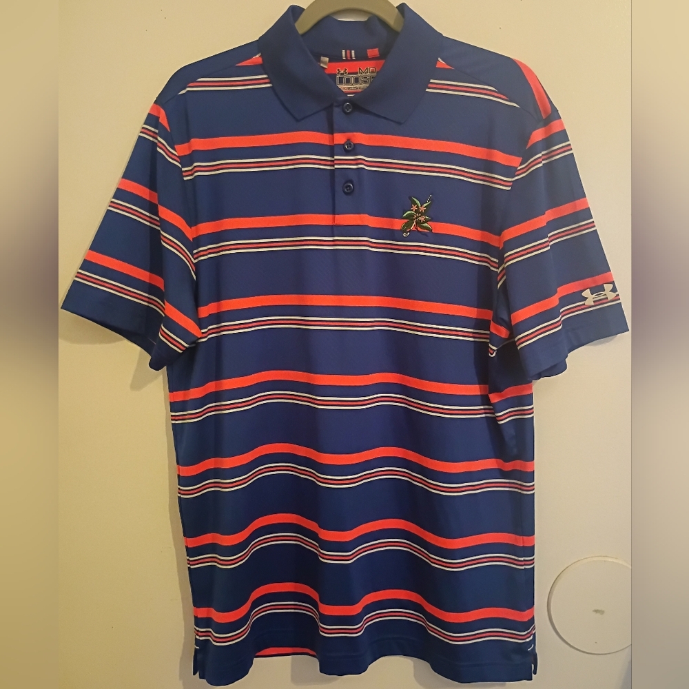 Under Armour Moose Heat Gear Men's Blue Striped Polo Shirt Sz M